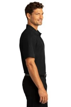 Port Authority Shirts: Men's K810 DBK Deep Black SuperPro React Polo Shirt -Work Attire Shop 10871 deepblack 3 k810deepblackmodelside 337w