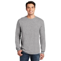 Gildan Shirt: Men's 5400 SG Sport Grey Heavy Cotton Long Sleeve 10 Gildan Shirt: Men's 5400 SG Sport Grey Heavy Cotton Long Sleeve -Work Attire Shop 5400 sportgrey model front