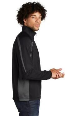 Sport-TeK Sweatshirts: Men's ST851 BCG Black Charcoal Grey Stretch 1/2-Zip Colorblock Pullover -Work Attire Shop 5496 blkchrgy 3 st851blkchrgymodelside1 337w