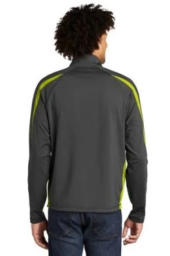 Sport-TeK Sweatshirts: Men's ST851 CGCG Charcoal Grey Charge Green Stretch 1/2-Zip Colorblock Pullover -Work Attire Shop 5496 chgycggn 2 st851chgycggnmodelback1 337w