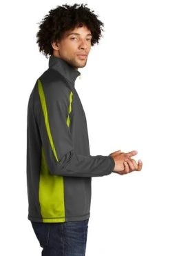 Sport-TeK Sweatshirts: Men's ST851 CGCG Charcoal Grey Charge Green Stretch 1/2-Zip Colorblock Pullover -Work Attire Shop 5496 chgycggn 3 st851chgycggnmodelside1 337w