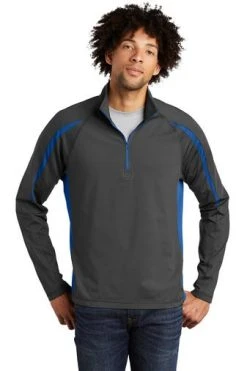 Sport-TeK Sweatshirts: Men's ST851 CGTR Charcoal Grey True Royal Stretch 1/2-Zip Colorblock Pullover