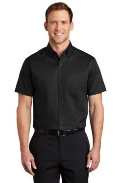 Port Authority Shirts: Men's S664 BLK Black Button Down Short Sleeve SuperPro Twill Shirt