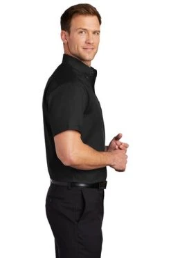 Port Authority Shirts: Men's S664 BLK Black Button Down Short Sleeve SuperPro Twill Shirt -Work Attire Shop 7608 black 3 s664blackmodelside3 337w