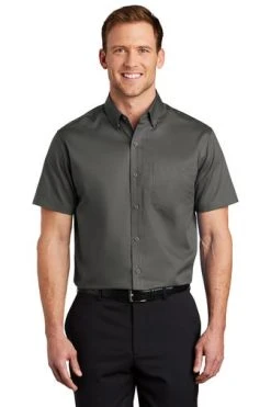 Port Authority Shirts: Men's S664 STGY Sterling Grey Button Down Short Sleeve SuperPro Twill Shirt