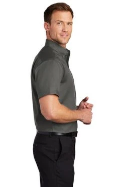 Port Authority Shirts: Men's S664 STGY Sterling Grey Button Down Short Sleeve SuperPro Twill Shirt -Work Attire Shop 7608 sterlinggy 3 s664sterlinggymodelside3 337w