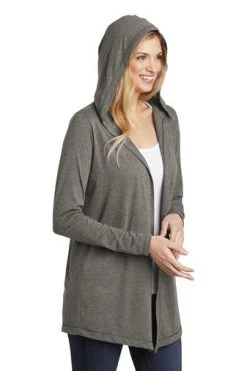 District Cardigans: Women's DT156 GYFST Grey Frost Perfect Tri Hooded Cardigan -Work Attire Shop 9206 greyfrost 4 dt156greyfrostmodelhood 337w