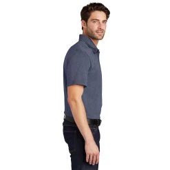 Port Authority Shirts: Men's K576 TNH True Navy Blue Heather Trace Polo Shirt -Work Attire Shop k576 truenavyheather model side