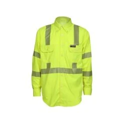 MCR Safety Shirts: Men's SBS1027 Lime FR Summit Breeze Hi Vis Long Sleeve Button Down Shirt