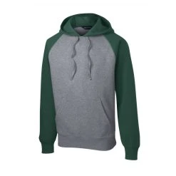 Sport-Tek Sweatshirt: Men's ST267-FGH Forest Green/Vintage Heather Raglan Colorblock Pullover Hooded Sweatshirt -Work Attire Shop st267 forestgreenvntghthr form front