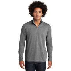 Sport-Tek Pullover: Men's ST407DGH Dark Grey Heather Triad Solid PosiCharge Tri-Blend Wicking 1/4-Zip Pullover -Work Attire Shop st407 darkgreyheather model front 012019