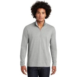 Sport-Tek Pullover: Men's ST407LGH Light Grey Heather Solid PosiCharge Tri-Blend Wicking 1/4-Zip Pullover -Work Attire Shop st407 lightgreyheather model front 012019